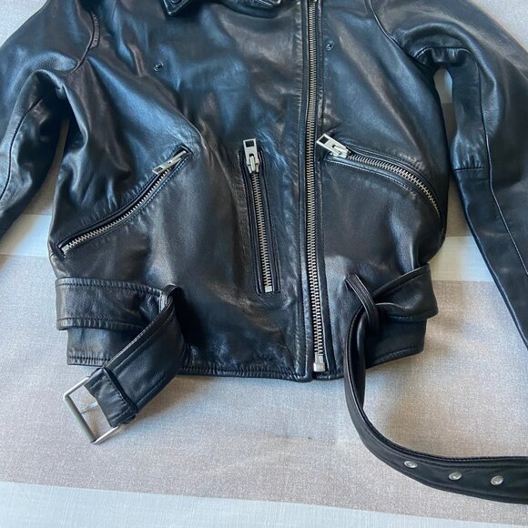 AllSaints Balfern Black Biker Cropped Belted Leather Jacket $528 New Sz 6 - Picture 11 of 16